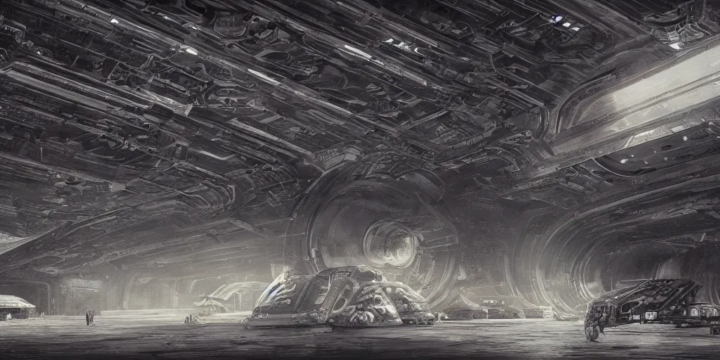 Image similar to an extremely detailed masterpiece epic scene of the inside of a cavernous spaceship cargo bay with various types of parked militarized spacecraft and an opened hanger door space scene in background, in the style of lebbeus woods, intricate, elegant, highly detailed, digital painting, artstation, cinematic lighting, extremely moody lighting, glowing light and shadow, 4 k