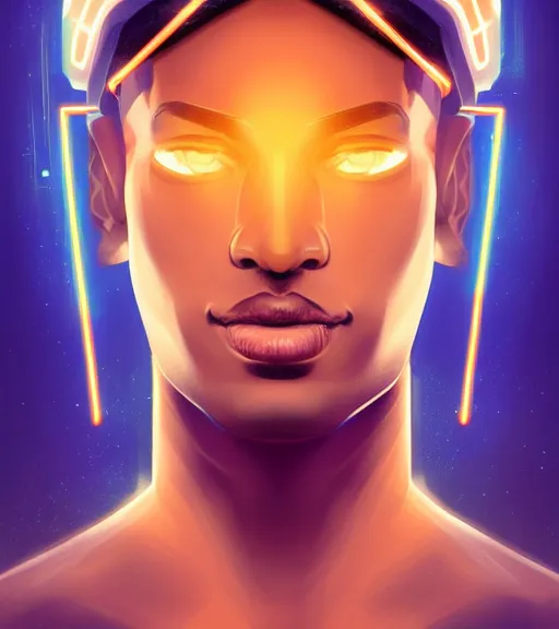 Image similar to symmetry!! egyptian prince of technology, solid cube of light, hard edges, product render retro - futuristic poster scifi, lasers and neon circuits, brown skin man egyptian prince, intricate, elegant, highly detailed, digital painting, artstation, concept art, smooth, sharp focus, illustration, dreamlike, art by artgerm