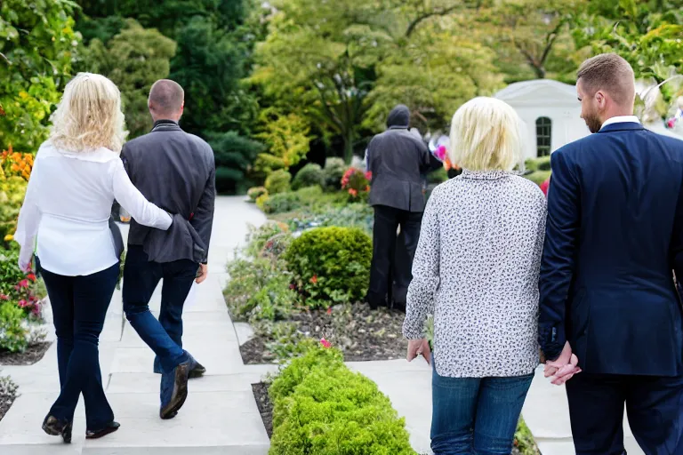 Image similar to 3 5 year old blonde female president, walking in the white house rose garden, holding hands with her two younger boyfriends, professional photo, dslr, bokeh