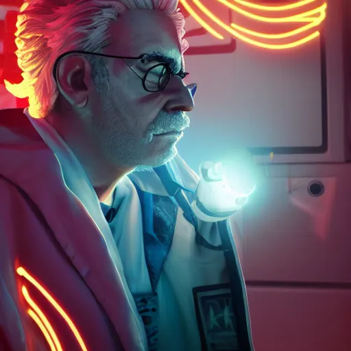 Image similar to portrait of rick sanchez, lab coat, lens flare, atmosphere, glow, detailed, intricate, full of colour, cinematic lighting, trending on artstation, 4 k, hyperrealistic, focused, extreme details, unreal engine 5, cinematic, masterpiece