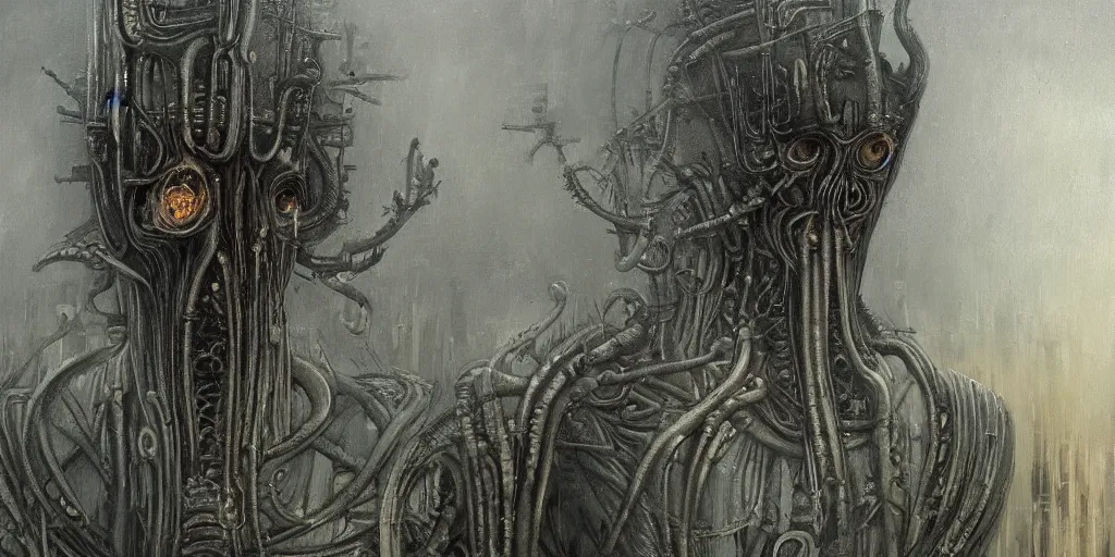 Image similar to a foggy highly detailed oil painting of a aetherpunk god by h. r giger in the style of romanticism art, trending on art station