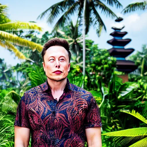 Prompt: a photo of elon musk wearing batik bali when holiday in bali. blurred temple background. front view. sigma 8 5 mm lens f / 1. 4. award winning photography, perfect faces, instagram photo shoot