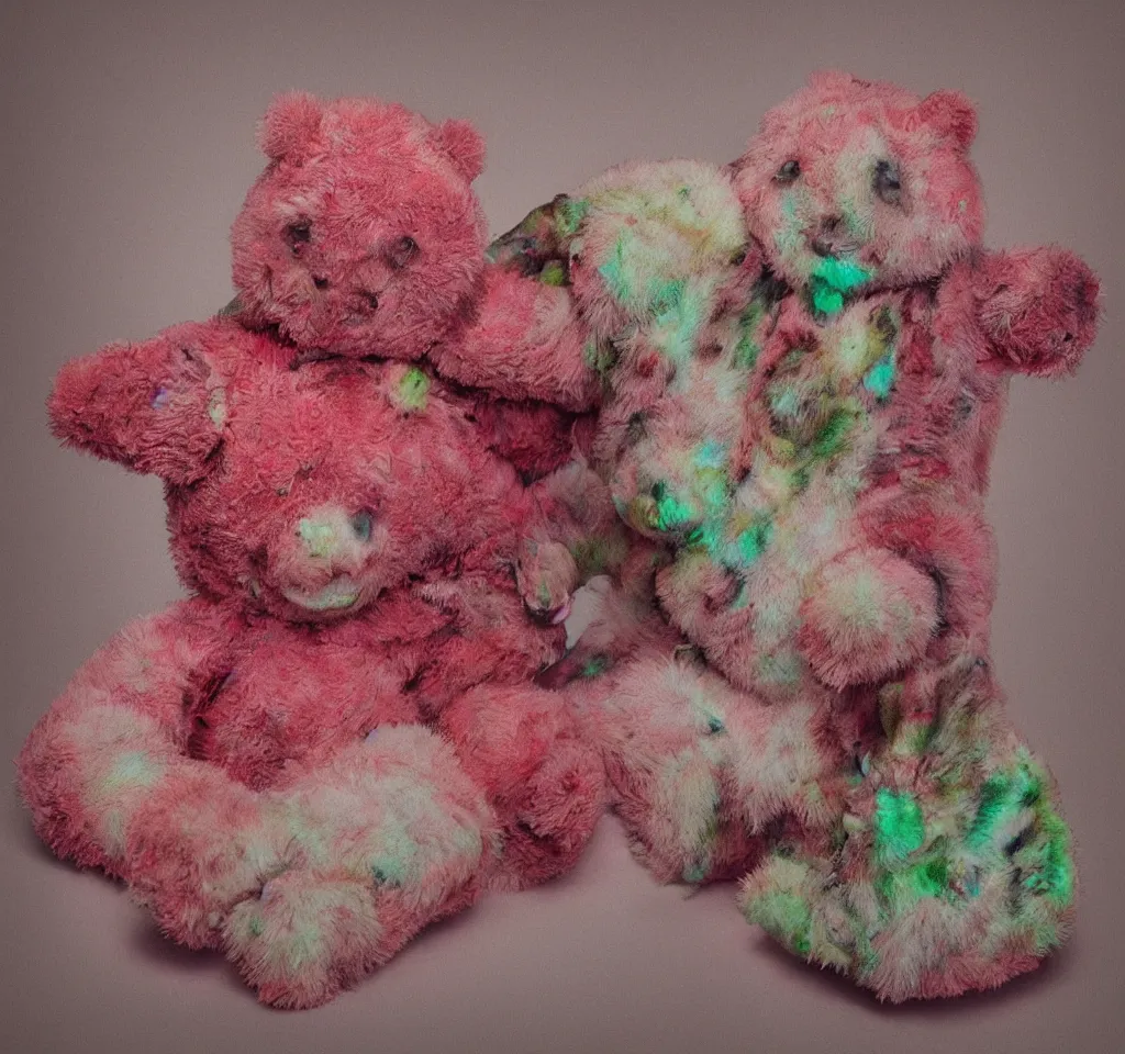 Prompt: digital art hyper realism body horror studio lighting strawberry teddy bear technicolor 3 5 mm