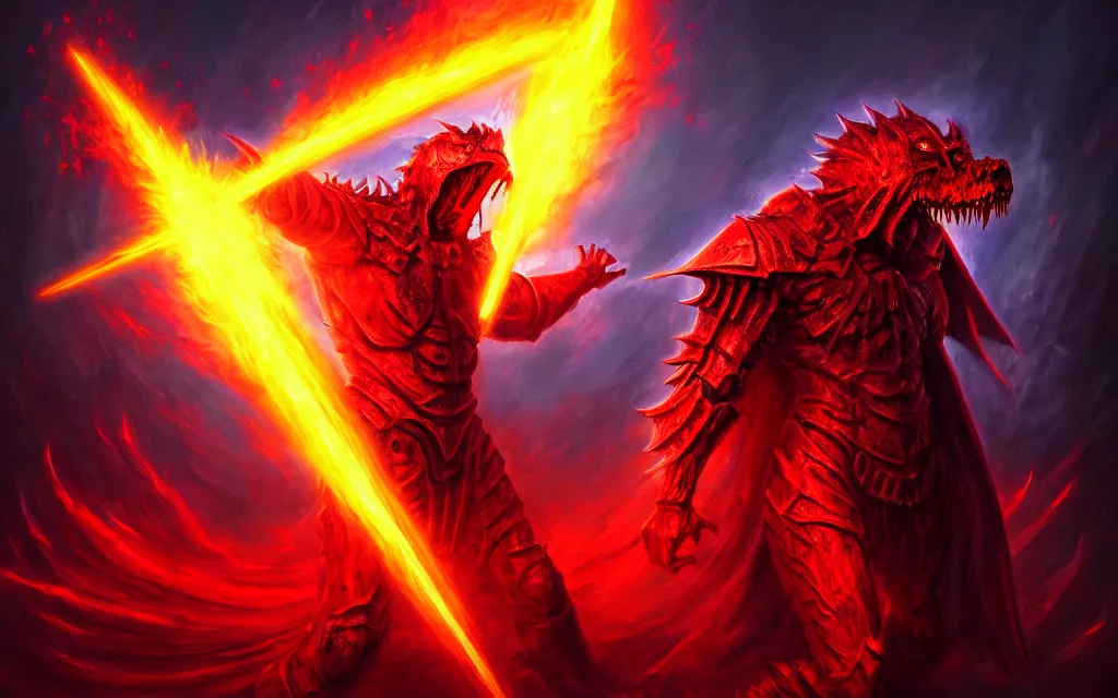 Image similar to digital art, holy paladin fighting the greatest evil in his last fight, horror, dim colors, red hue, hellish creature, ultra realistic, ultradetailed, realistic, oil painting, trending on artstation, 4 k