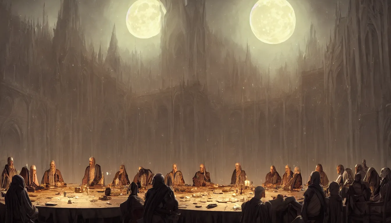 Prompt: A meeting of the council of elders, robed figures sat around a table, beautiful architecture, night time, stars visible, beautiful moon light, concept art, fantasy art, painted by Greg Rutkowski, trending on artstation, highly detailed, 8k