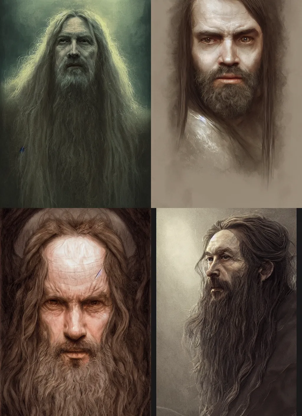 Image similar to portrait of a gentle and wise king with long hairs in alan lee and marc simonetti and emil melmoth style , cinematic lighting