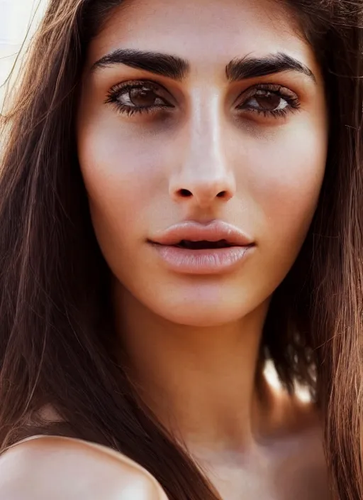 Image similar to A close-up photo of a beautiful middle eastern 22 year old girl with hazel eyes, straight hair in a ponytail, looking at the camera, a slight smile, super beauty, super model, detailed face features, hyper realism, studio, shallow depth of field, uplifting background, photography from Vogue magazine, by Martin Shcoeller