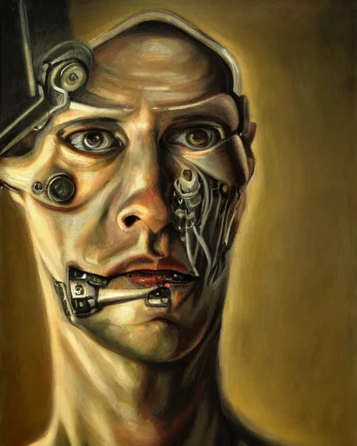 Prompt: sweet interesting portrait of a scared cyborg man, oil painting. HD