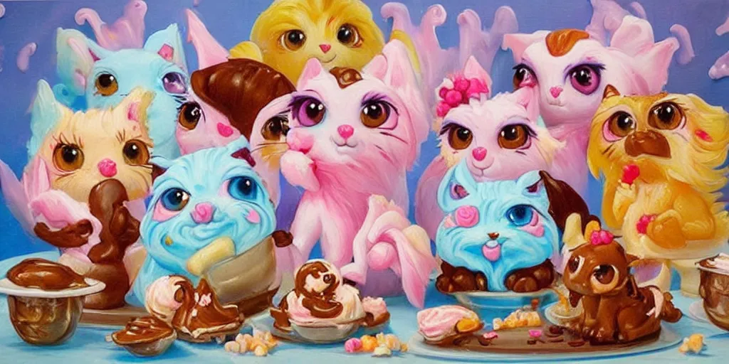 Prompt: ice cream made in the shape of 3 d littlest pet shop cats and dogs and squirrels, realistic, melting, soft painting, desserts with chocolate syrup, toppings, ice cream, master painter and art style of noel coypel, art of emile eisman - semenowsky, art of edouard bisson