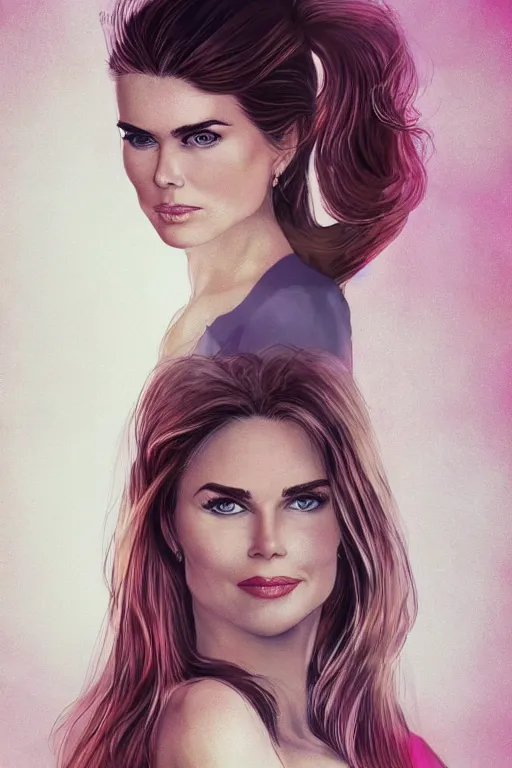 Image similar to mix of beautiful young maria shriver, mariel hemmingway, brooke shields, nicole kidman and elle macpherson as a boa constrictor, thin lips, hair tied up in a pony tail, dark blonde hair, colorful, artstation, cgsociety