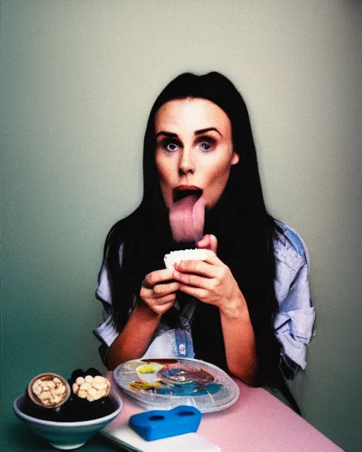 Image similar to 2 0 years old plump courtney cox eating cereal in her boyfriend's shirt, redshift, colour shift, wide shot, coloured polaroid photograph, pastel, kodak film, hyper real, stunning moody cinematography