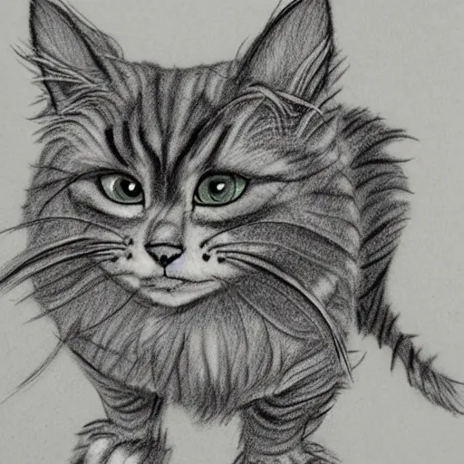 Image similar to extra fluffy humanoid Persian tabby cat standing on two feet, drawing by Don Bluth, colored pencil sketch with feathery lines, drawing by Yoshitaka Amano