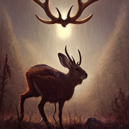 Prompt: a jackalope, jackrabbit with the antlers of a deer bigger than a building. Menacing. Soulless eyes. Monster. Eldritch. By Greg Rutkowski. By Marc Simonetti. C. M. Kosemen. Masterpiece. Award winning artwork. Cgsociety