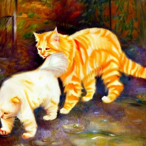 Prompt: beautiful impressionist painting of a orange maine coon with a white bears cooking some sausages on a pan