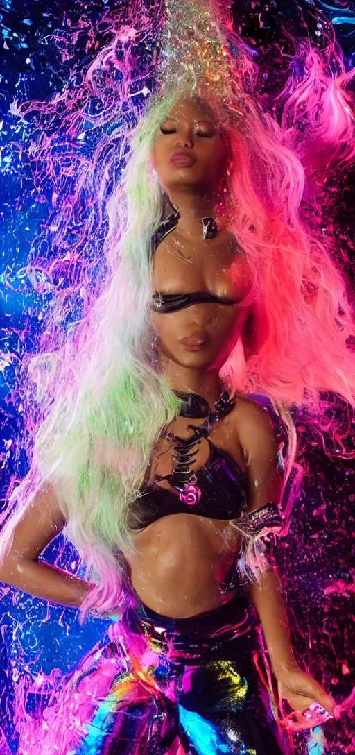 Prompt: nicki minaj is crawling on the floor, glowing hair, 8 k, cinematic light shadows, wet hdr refractions