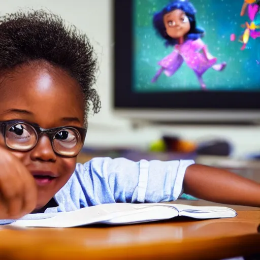 Prompt: stunning, coherent, impressive, detailed still of happy black little girl in school sitting on desk, follow shot, 3d, in the style of pixar, comic book style, 3d, highly detailed, sharp focus, bokeh, depth of field, 16k resolution, Unreal Engine 5, coherent, cinematic lighting, photorealistic, by Zhang Jingna