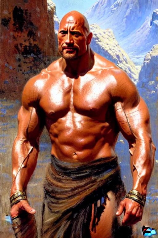 Prompt: Dwayne Johnson as gladiator, muscular, detailed face, correct face, painting by Gaston Bussiere, Craig Mullins