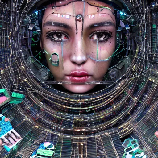 Image similar to space station on the moon, piles of modular synth cables mixed with mangrove roots, kawaii puerto rican goddess staring through your soul wearing a headpiece made of circuit boards, by cameron gray, wlop, stanley kubrick, masamune, hideki anno, jamie hewlett, unique perspective, trending on artstation, cinematic, 3 d render, vivid