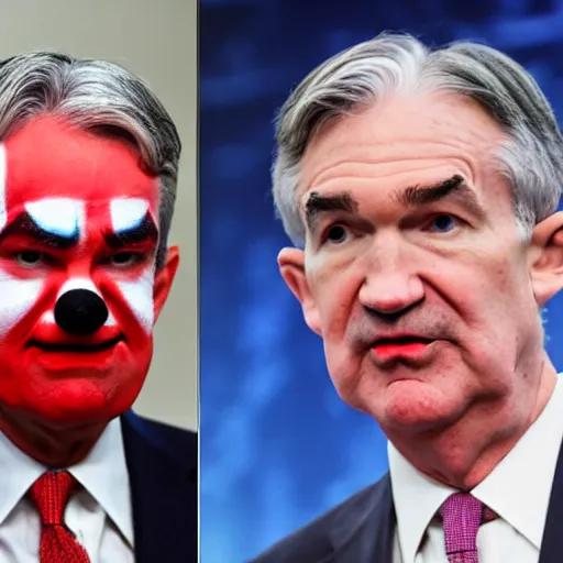 Image similar to photo of Jerome Powell with whiteface clown makeup using a flamethrower, highly-detailed