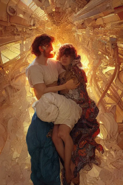 Prompt: portrait of a man in tin - foil hat and orange t - shirt hugging his wife in a bed, feelings, romantic, fantasy, intricate, elegant, highly detailed, digital painting, artstation, concept art, smooth, sharp focus, illustration, art by artgerm and greg rutkowski and alphonse mucha