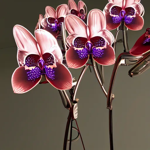 Image similar to a retrofuturistic, cybertronic, metallic, reflective orchid flower, unreal engine, high detail