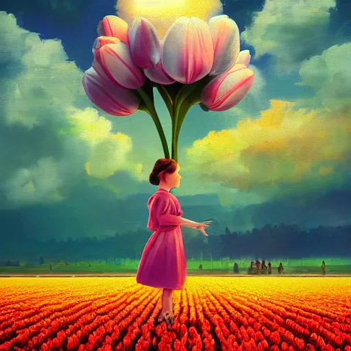 Image similar to girl with a giant tulip head, surreal photography, flower field, sunset dramatic light, impressionist painting, colorful clouds, blue sky, digital painting, artstation, simon stalenhag