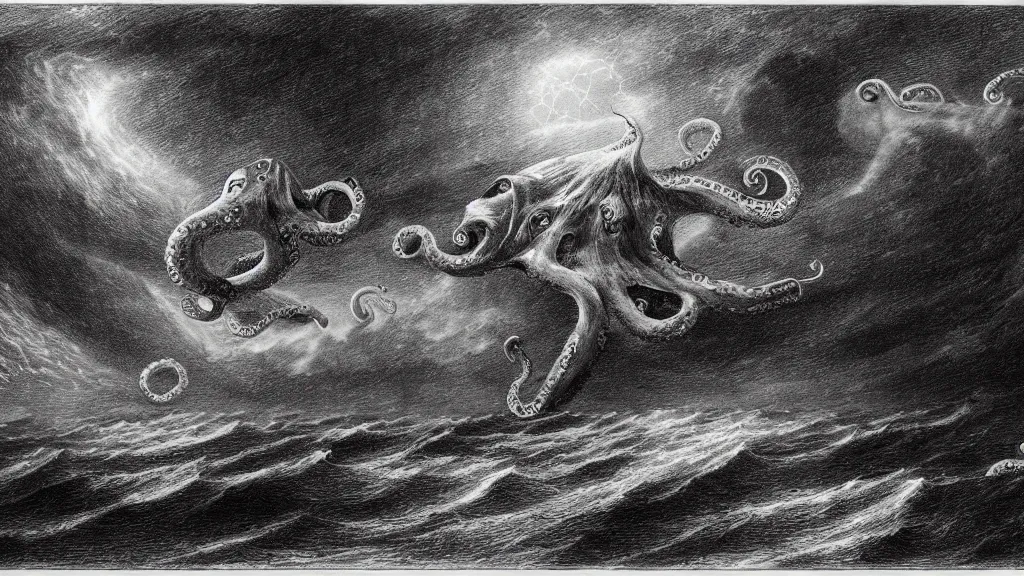 Prompt: drawing of a giant octopus attacking a spaceship above a stormy ocean, by gustave dore, nineteenth century, black and white, vintage, science fiction, epic composition, dramatic lighting, highly detailed, cinematic