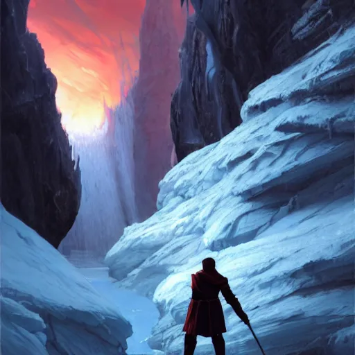 Image similar to dante alighieri and the poet virgil looking at the devil who is frozen in ice in a cavern 4 k, concept art, by wlop, ilya kuvshinov, artgerm, krenz cushart, greg rutkowski, pixiv. cinematic dramatic atmosphere, sharp focus, volumetric lighting, cinematic lighting, studio quality