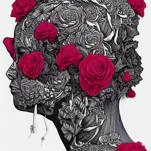 Image similar to the anatomy of a head of lettuce with roses that resemble a beautiful young black woman looking up, an ultrafine detailed illustration by james jean, intricate linework, bright colors, final fantasy, behance contest winner, vanitas, angular, altermodern, unreal engine 5 highly rendered, global illumination, radiant light, detailed and intricate environment