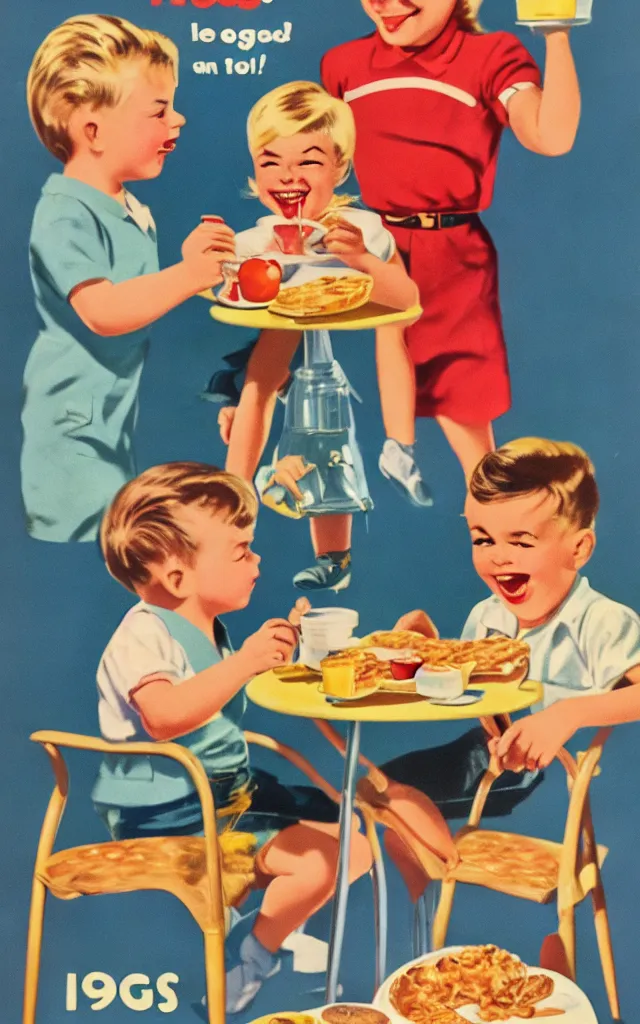 Prompt: 1 9 5 0 s poster of two kids having breakfast with kellogs cereal, retro, vintage, colorful, advertising, high quality, illustration, digital art