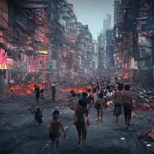 Image similar to crowded streets of manila turned hell filled with poverty, beggars and crime, demonic, hell, burning, suffering, depressing image, unreal engine, artstation hd