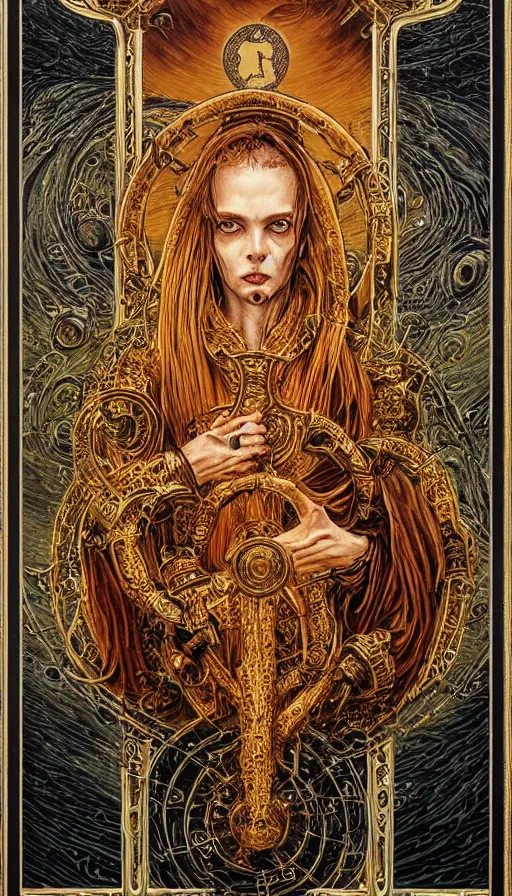 Prompt: Elden Ring, byzantine orthodox exoskeleton saint icon portrait themed tarot card, the dark post-apocalyptic hellscape torment intricate golden artwork by Artgerm, Johnatan Wayshak, Zdizslaw Beksinski, Darius Zawadzki, H.R. Giger, Takato Yamamoto, masterpiece, very coherent artwork, cinematic, high detail, octane render, unreal engine, 8k, High contrast, golden ratio, trending on cgsociety, ultra high quality model, production quality cinema model in the style of Midjourney, highly detailed and intricate artwork, masterpiece, majestic, ephemeral, cinematic lighting, vivid and vibrant colors, iconic movie poster character production art concept, haunting, horror, gothic fog ambience, golden fire palette, Artstation trending, unreal engine, octane render