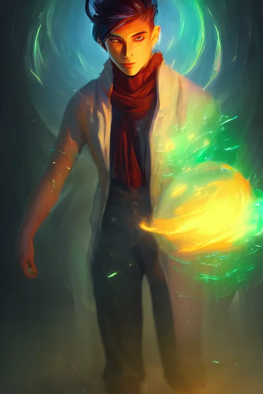 Image similar to a human elemental sorcerer, blurred environment background, colorful magic effects, white skin, portrait, male, clothed, sharp focus, digital art, concept art, trending on artstation, dynamic lighting, by emylie boivin and rossdraws