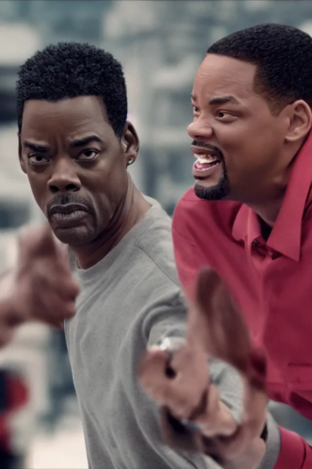 Prompt: Chris Rock Slapping Will Smith In The Face, Closeup Shot, photorealistic, hyperrealistic, HDR, octane render