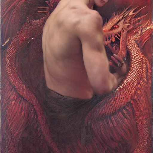 Image similar to the red dragon | highly detailed oil painting, hyperrealistic, very intrincate | cinematic lighting, award - winning | by roberto ferri, gustav klimt, william waterhouse and tom bagshaw | by austin osman spare and william blake, trending on artstation, cgsociety, official art, octane.