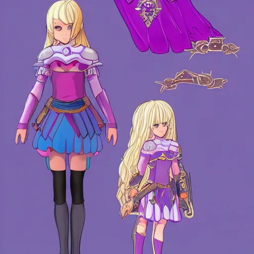 Prompt: Alicia is an honorable Princess Knights. She has straight blonde hair, purple eyes and platinum armor. Alicia has a tiny blue skirt that's mere decoration, and some brown leggings.