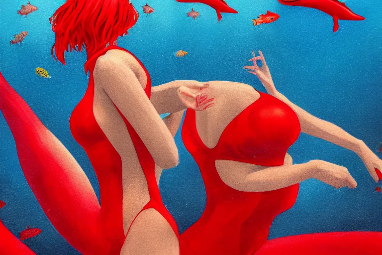 Image similar to fishes swim around woman in red swimsuit, highly detailed, smooth, sharp focus, concept art, illustration, beautiful, geometric, trending on artstation, cinematic, artwork by Swanland, Raymond