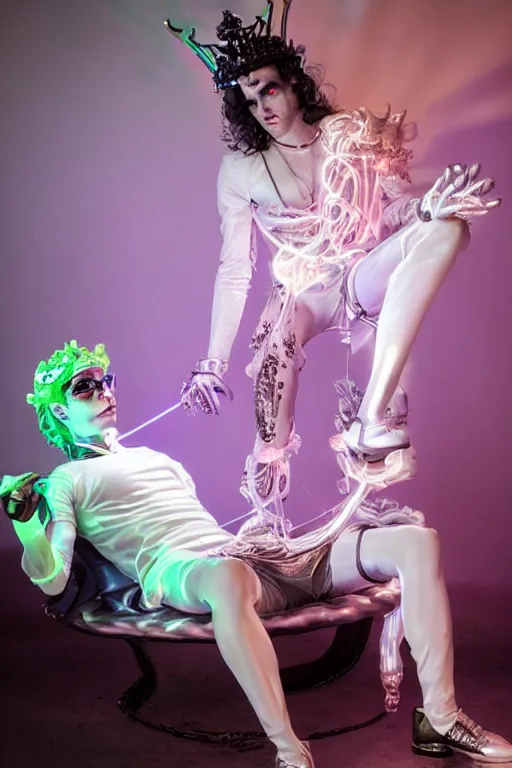 Image similar to full-body rococo and cyberpunk style neon statue of a young attractive Darren Criss macho dotado e rico android sim roupa reclining con las piernas abertas e la piroca dura, glowing white lasers, glowing eyes, silver prince crown, silver steampunk gears, white diamonds, swirling mint-colored silk fabric. futuristic elements. ethereal white dripping tar. full-length view. space robots. human skulls. large white balloon animals. intricate artwork by caravaggio. Trending on artstation, octane render, cinematic lighting from the right, hyper realism, octane render, 8k, depth of field, 3D