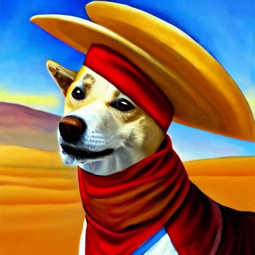 Image similar to Oil painting of a doge wearing a sombrero and a red neckerchief in the desert