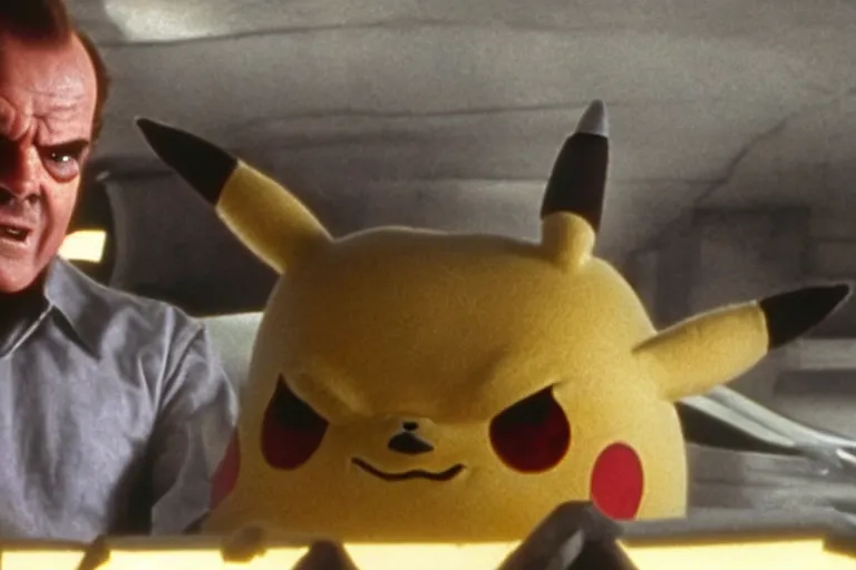 Image similar to Jack Nicholson plays Terminator Pikachu scene where his endoskeleton gets exposed still from the film