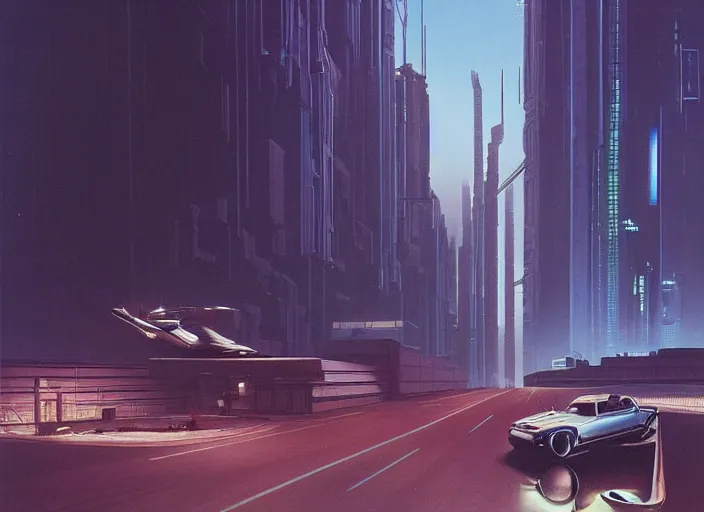 Image similar to a car driving down a street next to tall buildings the night at 1 pm, cyberpunk art by Chesley Bonestell, cgsociety, retrofuturism, matte painting, reimagined by industrial light and magic