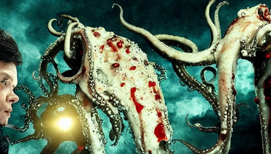 Image similar to Big budget horror movie, an android fights a giant squid, blood is splattering everywhere