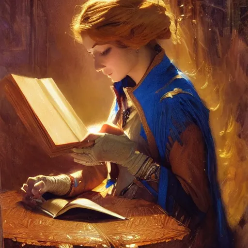 Image similar to stunning female master wizard having magical book, highly detailed painting by gaston bussiere, craig mullins, j. c. leyendecker, 8 k