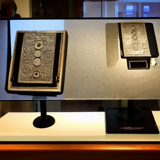 Prompt: an ancient roman desktop computer on display at a museum