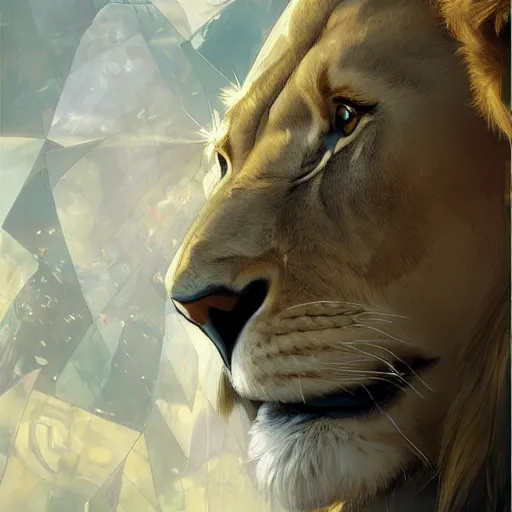 Prompt: lion in a business suit, artists portrait, futuristic, fantasy, highly detailed, digital painting, concept art, sharp focus, depth of field blur, illustration, art by artgerm and greg rutkowski and alphonse mucha