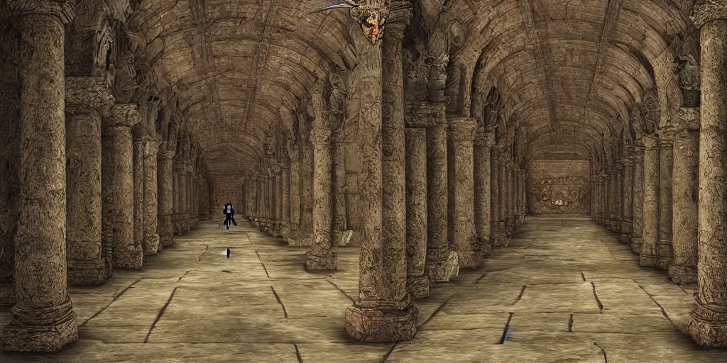 Prompt: fantasy demon walk through a monumental extremely large hall, long shot, digital art