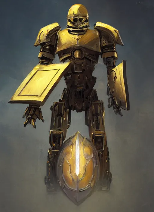 Prompt: full body, dynamic attack position abstract portrait of a intricate glorious holy mechanical warforged character in yellow armor holding a paladin engraved great longsword drawn and carrying a big paladin shield, glowing eye, face in focus, pit droid, epic , trending on ArtStation, masterpiece, cinematic lighting, by Ross Tran and by Greg Rutkowski