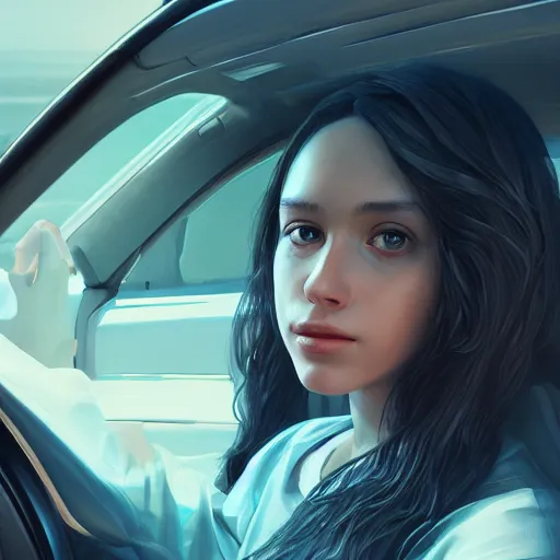 Image similar to portrait of girl in car, 8 k uhd, unreal engine, octane render in the artstyle of finnian macmanus, john park and greg rutkowski