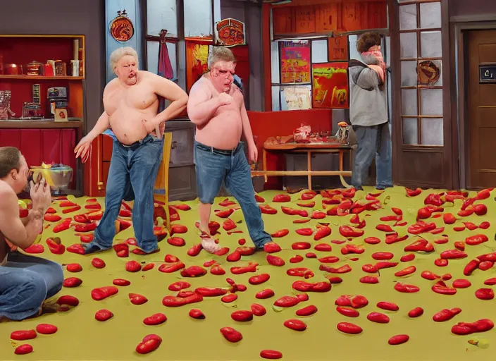 Prompt: jerry springer tv show a man yelling at a pile of nasty chili spilled on the floor, chunky sloppy fat men no shirts slipping in chili on the floor, wet, studio, extremely detailed, portraits, 4 k, hd