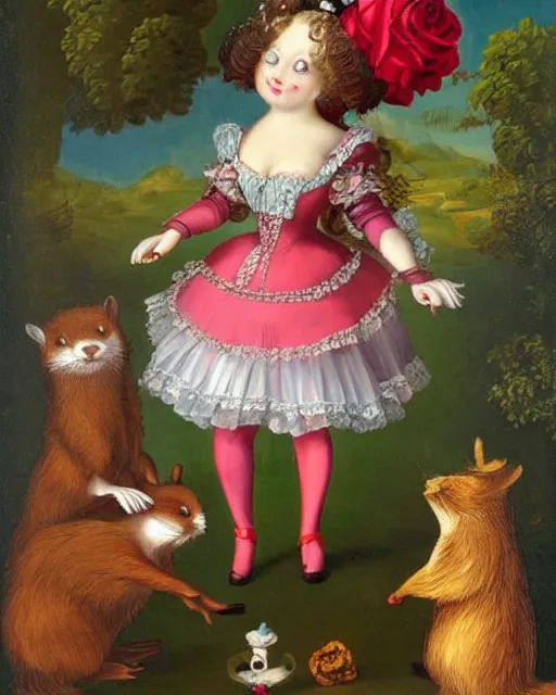 Image similar to A vintage rococo painting by Salvador Dalle Lisa Frank of the red queen chibi otter with her hair so pointy. Says to Alice the rogue chibi fox let's play a game. Paint all the roses red. In alices jumper dress she paints red all over the place. The stoic chibi white rabbit sits in the foreground watching this, staring at his pocket watch 3d render hd 5d digital art